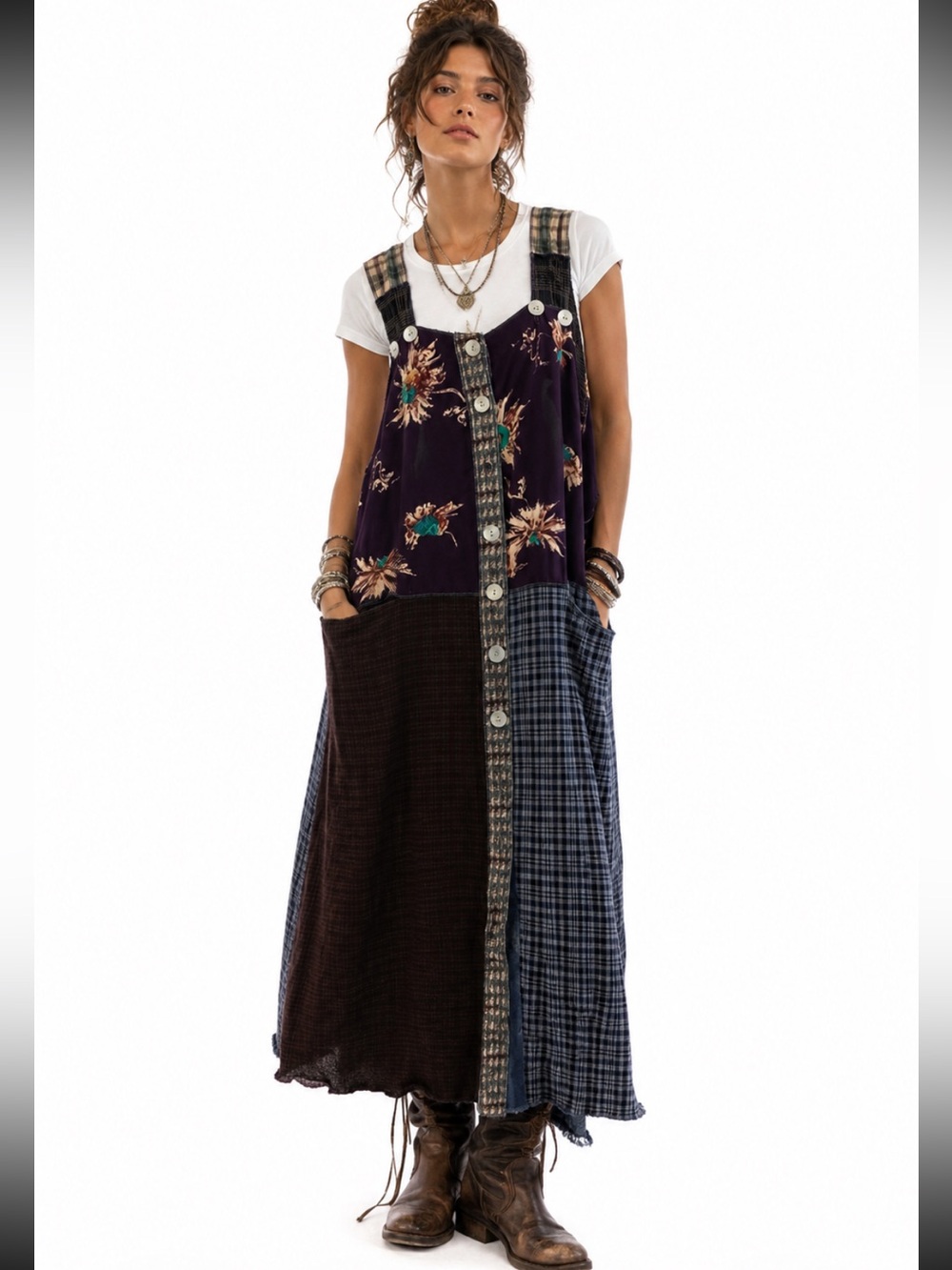 Vintage Nothing Matches Boho Lagenlook patchwork Mixed Media Button Up Dress